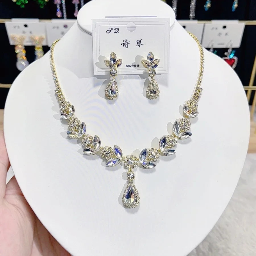 Women Rainbow Gemstone Necklace 18K Gold Plated Waterdrop Zirconia Earrings 2024