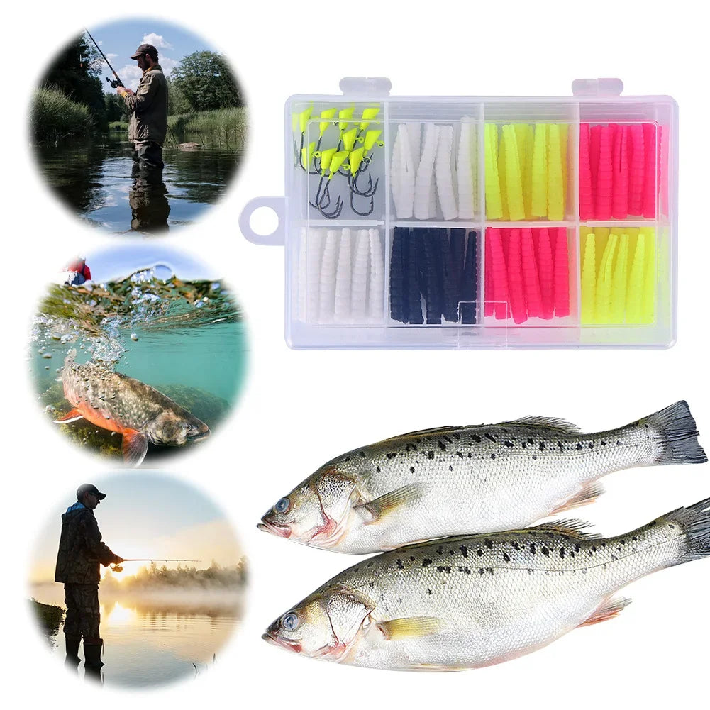 Trout Fishing Gear Kit Includes 70 Split Tail Grub Worms 10 Trout Hooks Trout Lure Kit for Seasonal Trout Crappie Panfish
