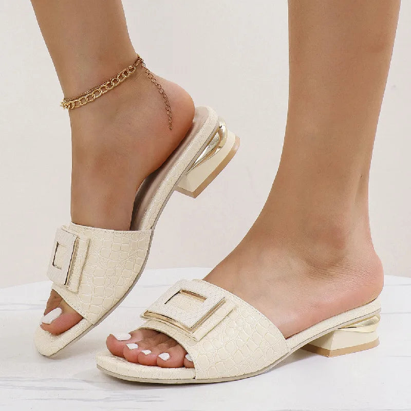 Fashion Women High Heel Slippers Summer Slip on Elegant Low Heel Shoes for Wedding Party Comfortable Non-slip Women's Slippers
