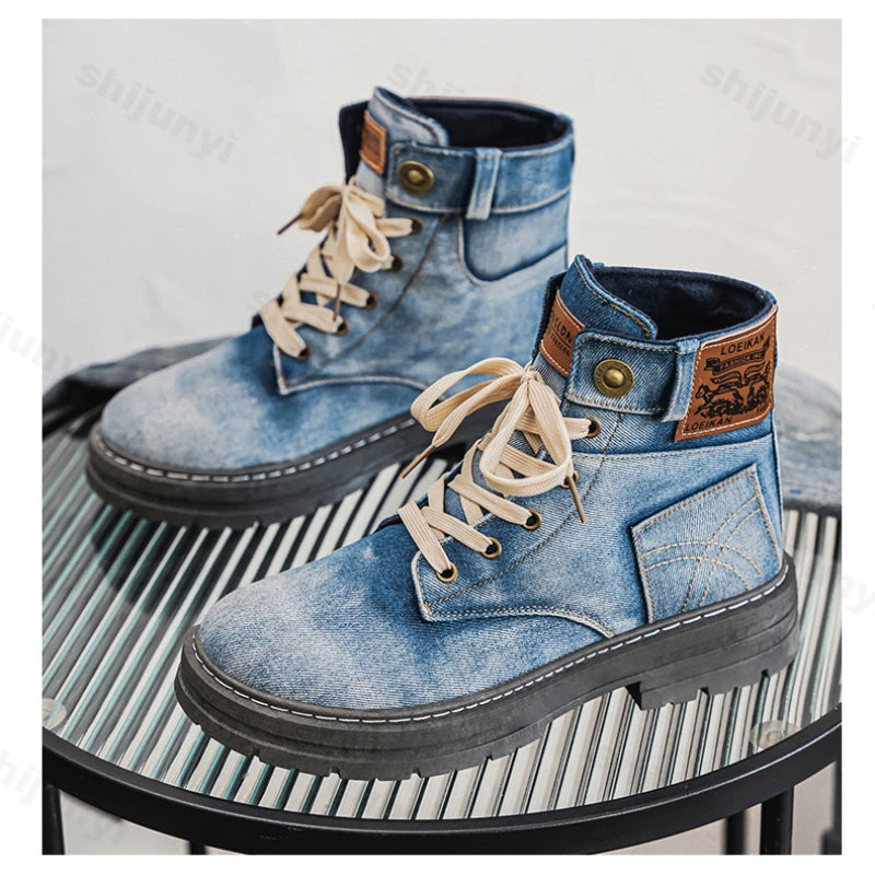 Men's Shoes 2025 Style Height Increase Breathable Mid Top Shoe Fashion Denim Casual Versatile Workwear Shoes Casual Boots Shoes