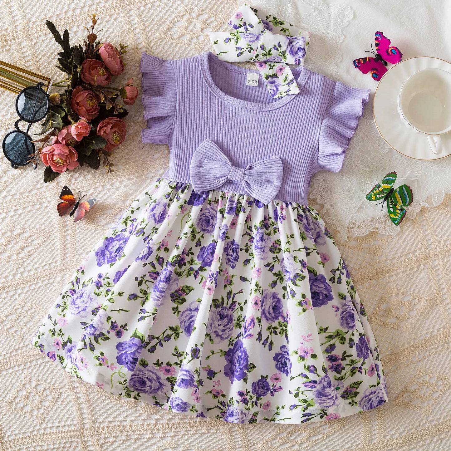 0-3 Years Baby Girl Clothes Summer Sleeveless Printed Dress Newborn Girl 1st Birthday Dress Ruffled Patchwork Dress and Headband
