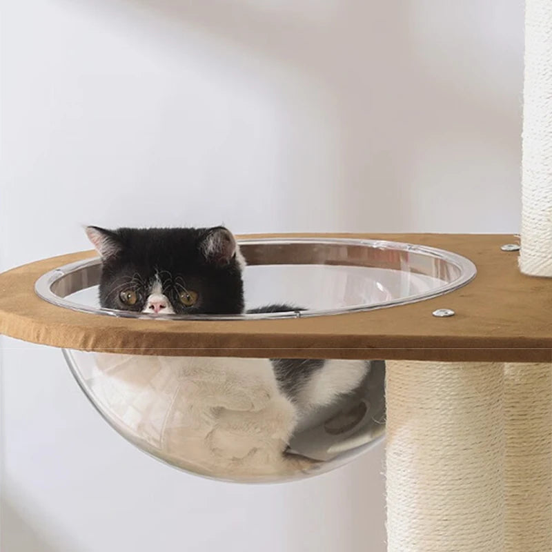 Solid Wood Cat Tree Large Pets Cat Sleeping Tree Transparent Cabin Kitten Tower Pet Toy Accessories Nap Scratching Post for Cats