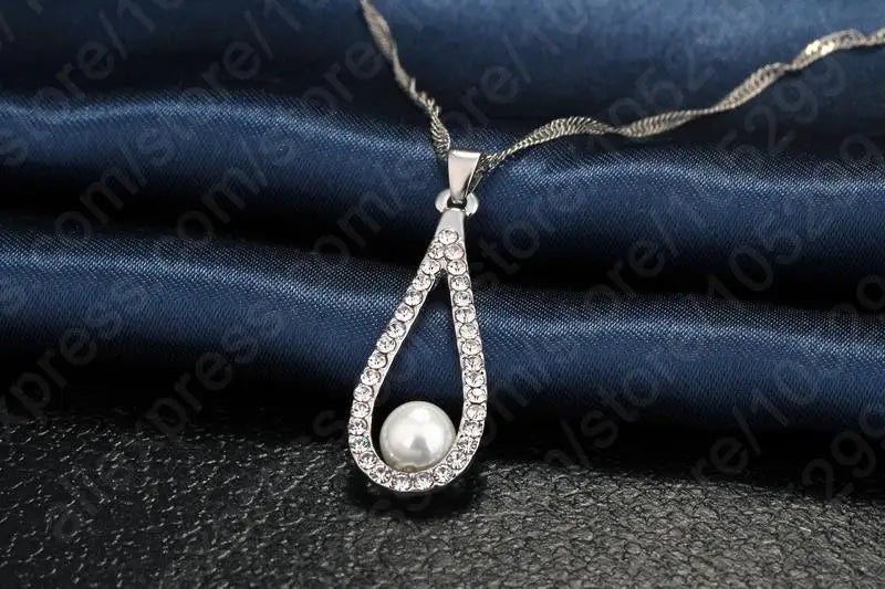 Fine 925 Sterling Silver Jewelry Sets Shiny Zircon Water Drop Pearl Pendant Necklaces Earring Set for Woman Wedding Gift