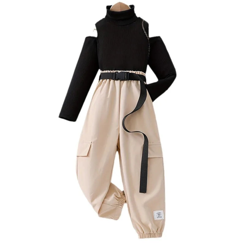 2025 Baby Girl Clothes Children Clothing Autumn/Winter Outfits Long Sleeve Top + Solid Color Pants 2Pcs Set For 3 4 5 6 7 8 9 10
