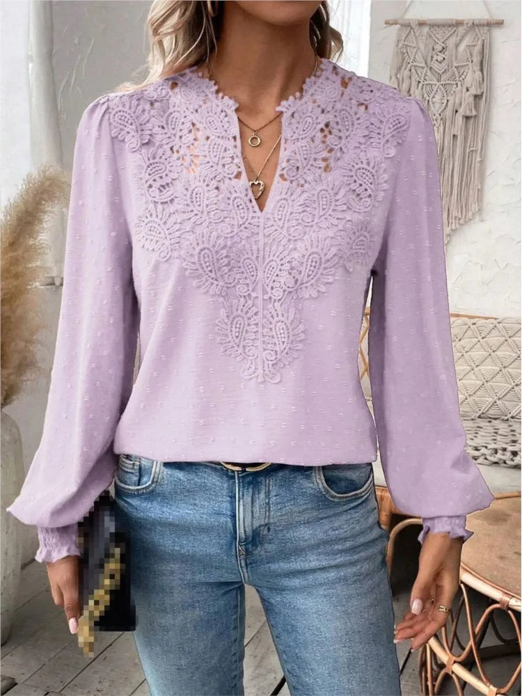 2024 Autumn Women's Clothing New Sexy V-neck Fashionable Lace Patchwork Solid Color Shirt Long Sleeved Shirt Women's Clothing