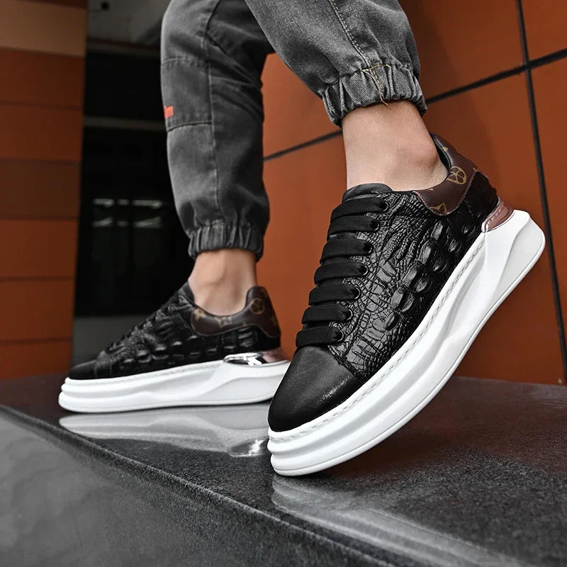 Men's Shoes 2025 Men Genuine Leather Pattern Lace-up Thick Sole Casual Sneakers Versatile Muffin Shoes Male Board Footwear