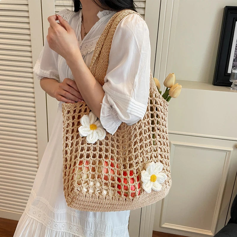 Women's Large Capacity Knitted Tote Handbag Fashion Summer Beach Bag Lightweight Casual Shoulder Chic Hobo Top Handle
