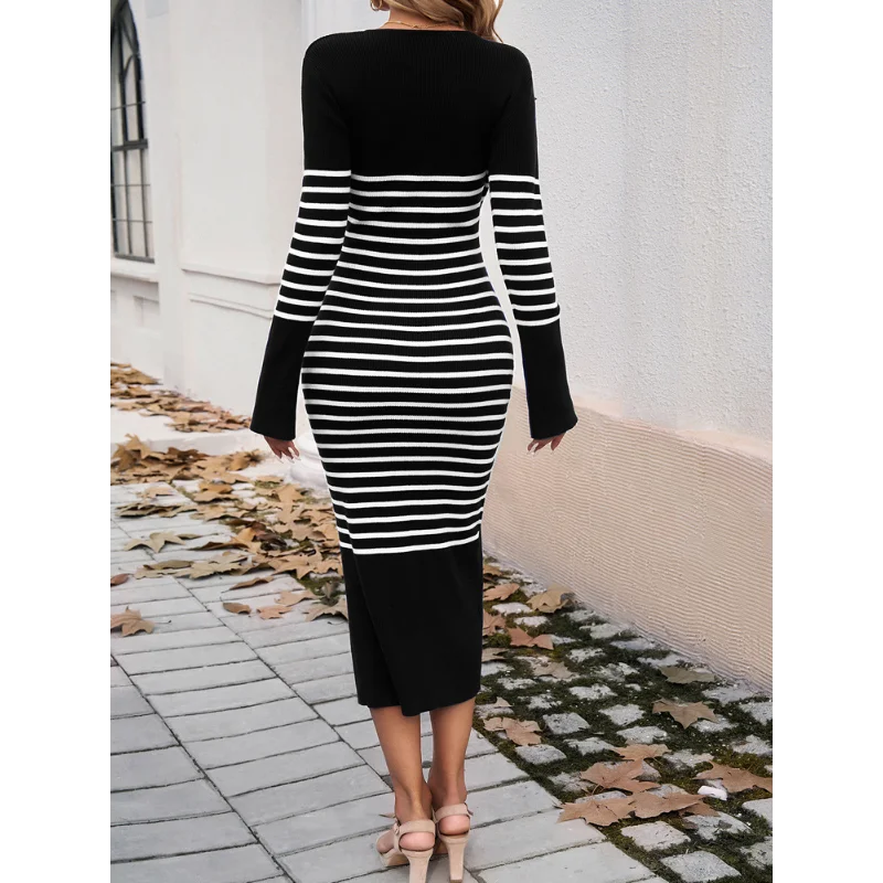 Women's Clothing 2025 Autumn and Winter Slim Sexy Deep V Contrasting Striped Sweater Dress