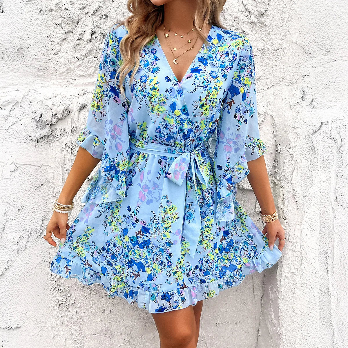 Women's clothing 2025 spring and summer new vacation casual printed lace-up chiffon dress