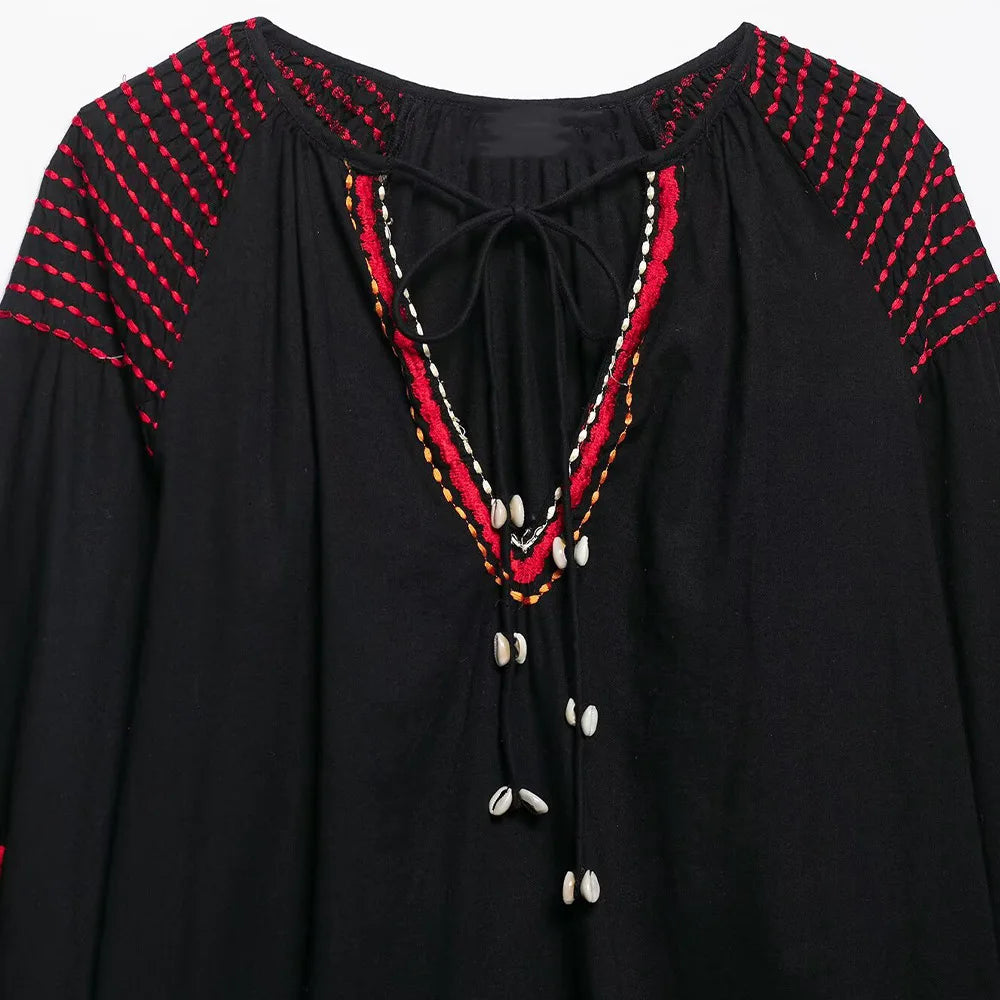 Women's clothing 2025 summer new ethnic loose retro style embroidered short dress