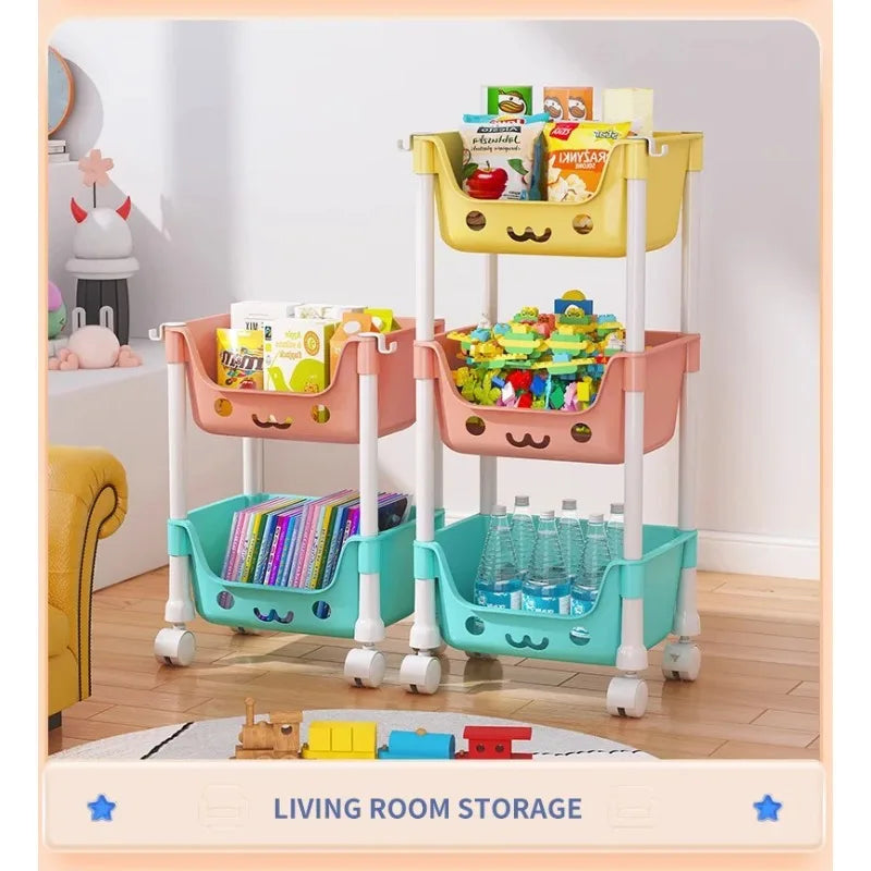 Household living room multi-layer cartoon smiley movable trolley floor shelves children's toys snacks book bags organizing rack
