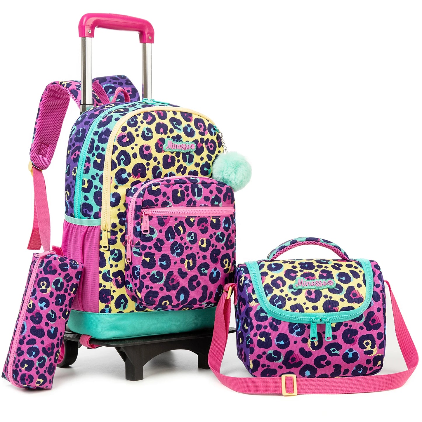Cute Rolling Backpack for Girls Trolley School Bags Girls Backpacks with Wheels Kids Carry-on Travel Luggage Pink