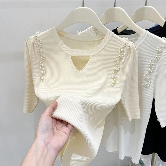 Women's Clothing Pretty Fashion T-Shirt Summer Hollow Out Knit Pearl Sleeve Short Tee Lady Versatile V-neck Sweet Spicy Wind Top