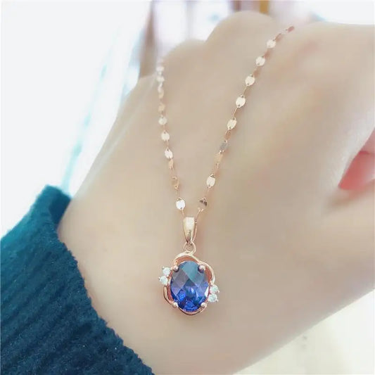 Women's Jewelry 585 Purple Gold Inlaid Sapphire Oval Crystal Chains Woman Exquisite Elegant Charm 14K Rose Gold Pendant