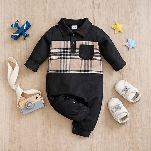 Newborn Baby Boy Clothes Black baby onesie with khaki check print One-piece cotton gentleman's spring and autumn pajamas