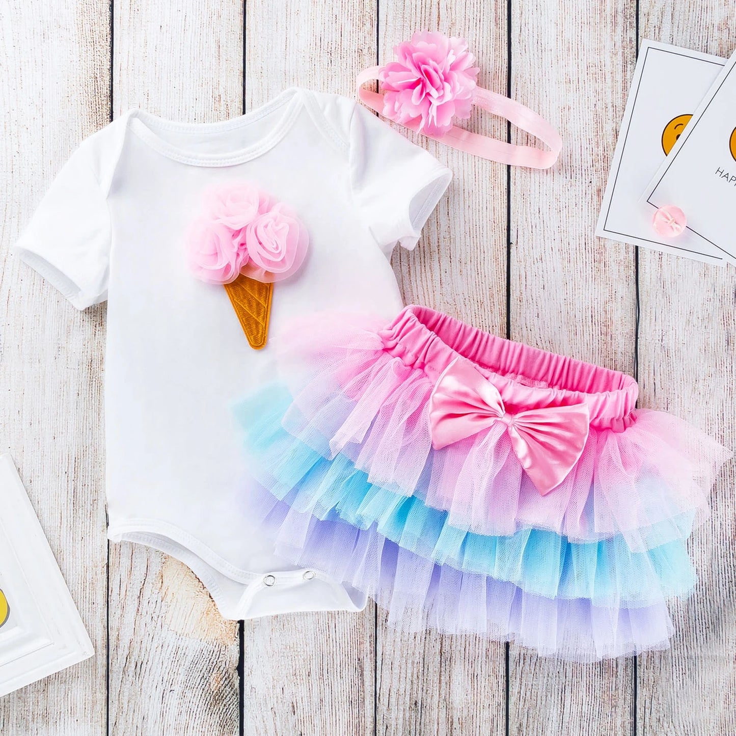 Newborn Girl Sweet Clothes Cotton First Birthday Bodysuit Cake Smash Tutu Skirt Headband Baby Girl Birthday Outfits Party Wear