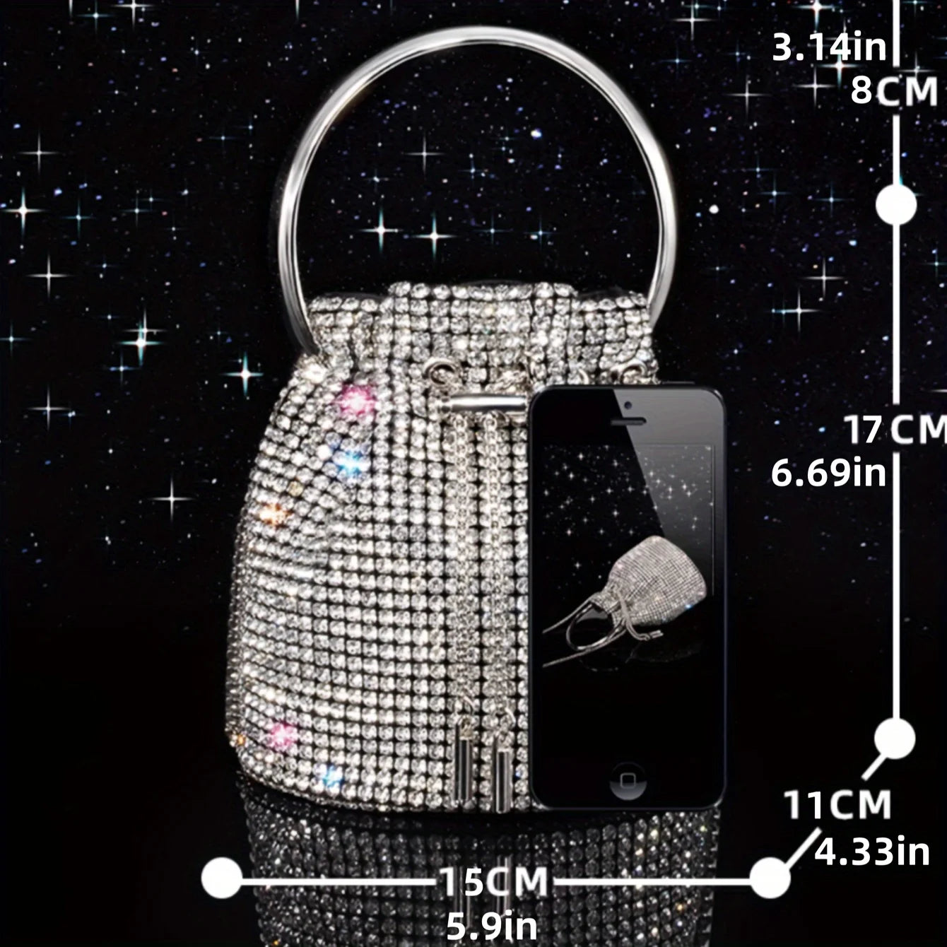 Women's Evening Bag, Luxury Handbag, Can Be Worn on One Shoulder Crossbody, Copper Claw Inlaid with Diamonds, High Quality A-Grade Diamond, Metal Chain, Metal Handbag, Blingbling, Shaped Bucket Bag