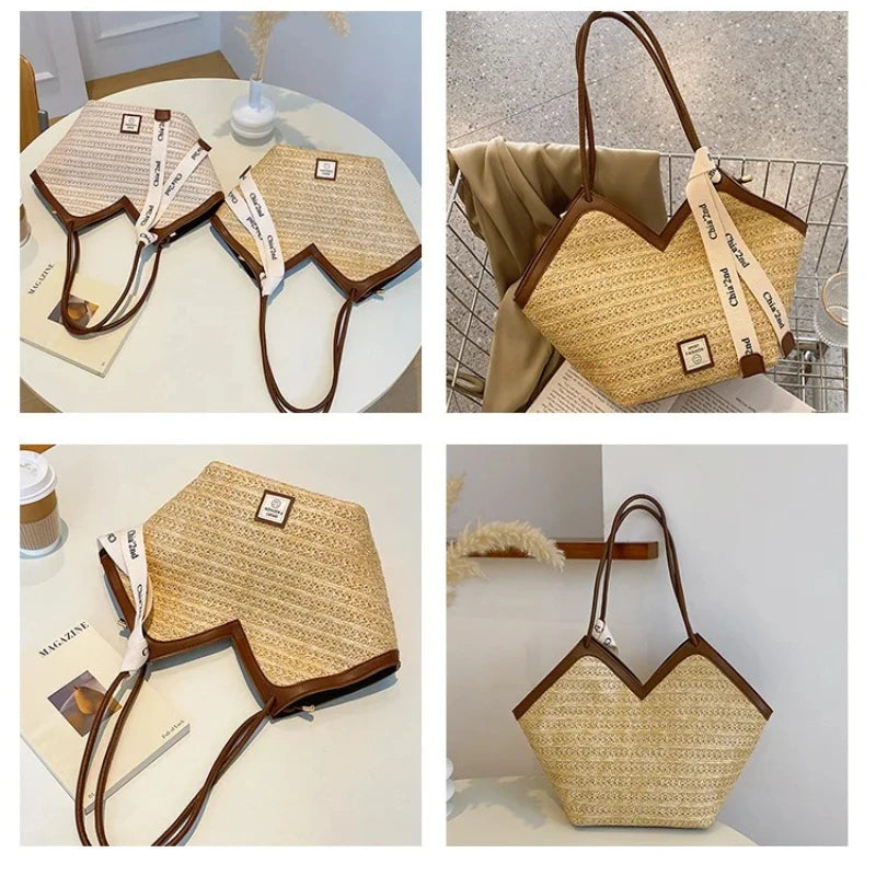 Women's shoulder bag large capacity tote bag women's retro hand straw woven bag everything shoulder woven bag commuting bag