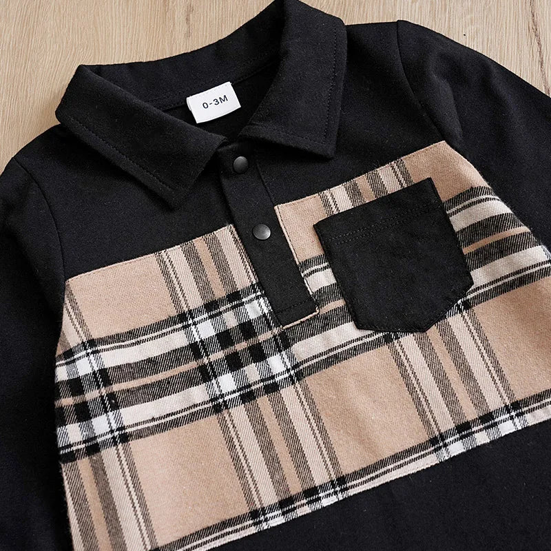 Newborn Baby Boy Clothes Black baby onesie with khaki check print One-piece cotton gentleman's spring and autumn pajamas