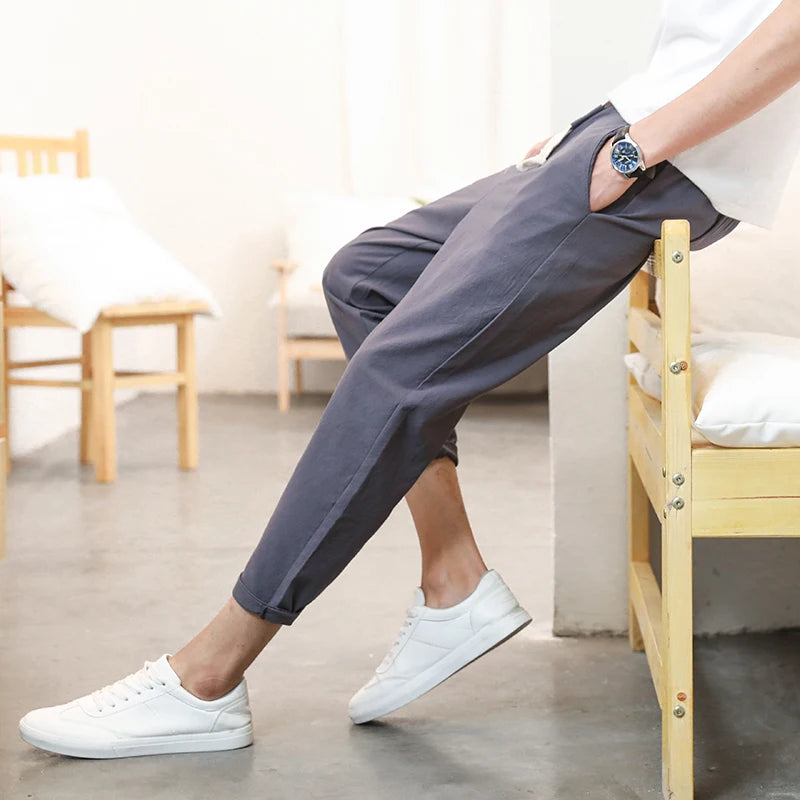 2025 Men's Cotton Linen Pants Male Summer New Breathable Solid Color Linen Trousers Fitness Streetwear Ankle Length Trousers 5XL