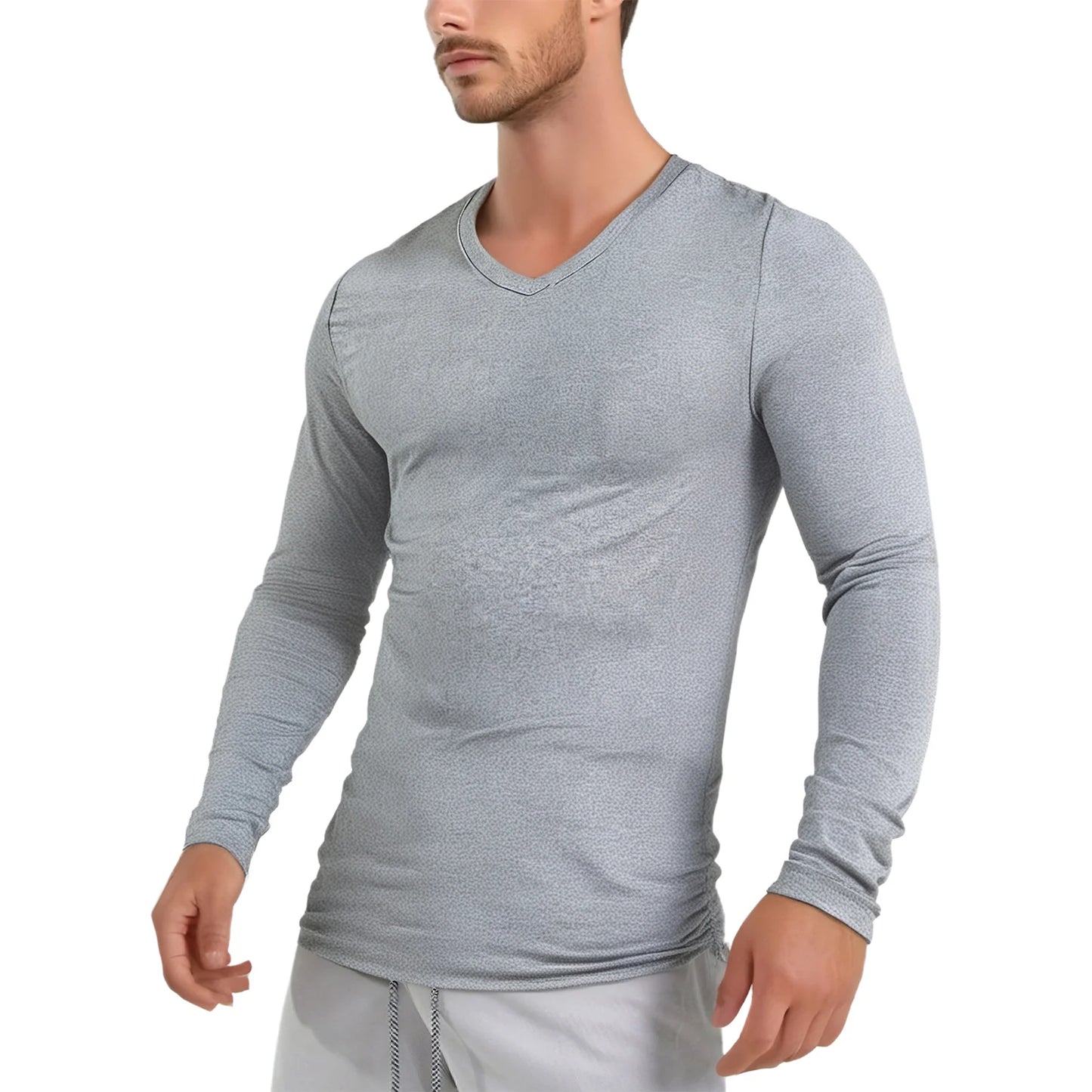 Men's Clothing Fashion V Neck Slim Fit T-shirt Tops Long Sleeve Slim Fit Undershirt Casual Solid Color Long Sleeve Tees Tops