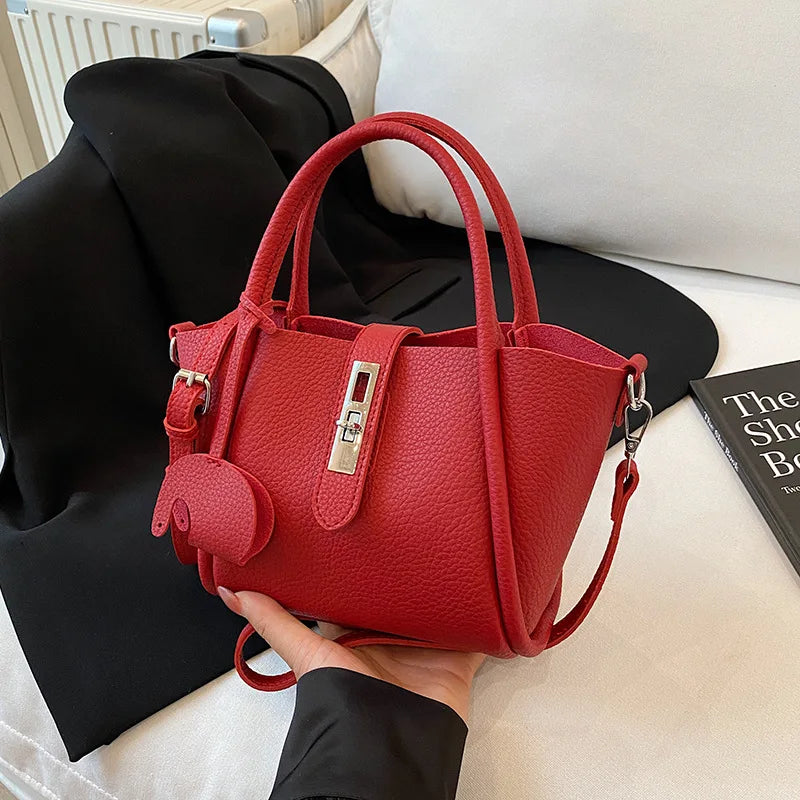 Women Handheld Bucket Bag New Trendy Versatile Bag Highend Exquisite Hardware Buckle Shoulder Bag With Pendant Crossbody Bag