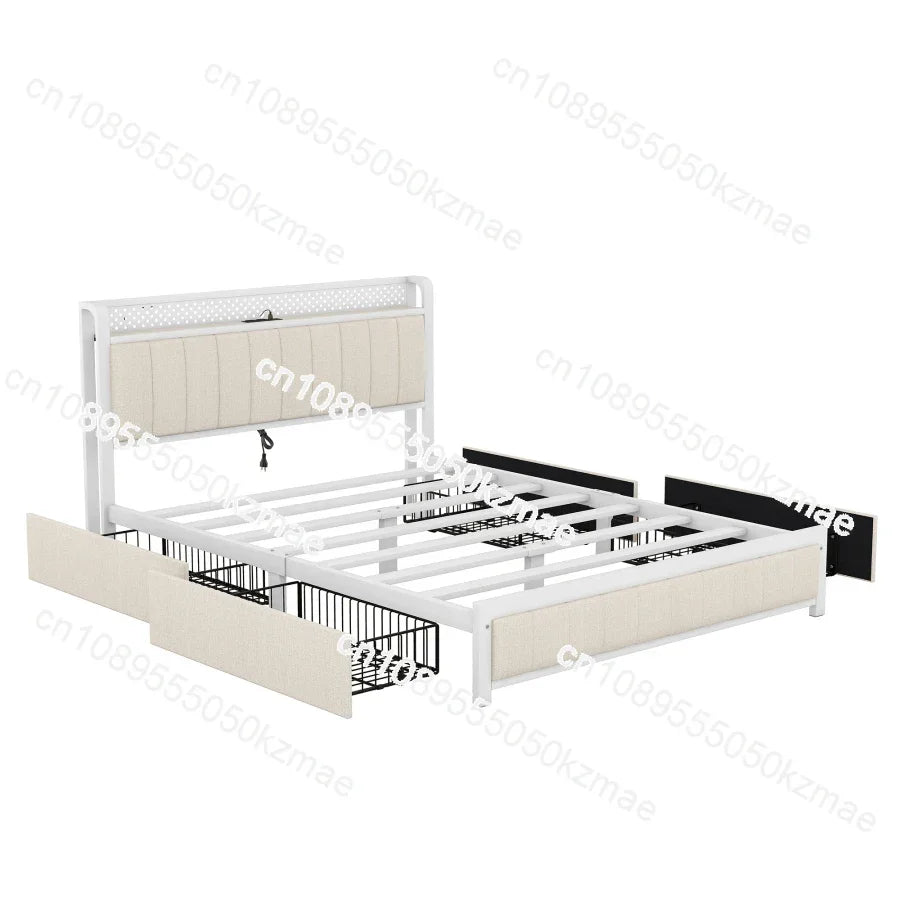 Queen Bed Frame with LED Headboard, Upholstered Bed with 4 Storage Drawers and USB Ports, Beige