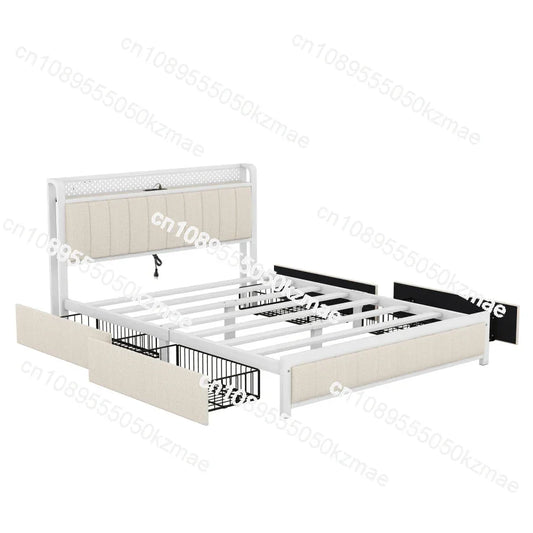 Queen Bed Frame with LED Headboard, Upholstered Bed with 4 Storage Drawers and USB Ports, Beige