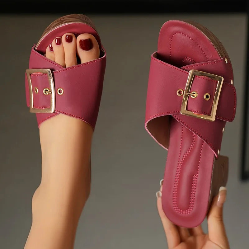 Women Slippers 2025 Summer New Fashion Elegant Soft Platform Shoes Ladies Chunky Heels Buckle Designer Slippers