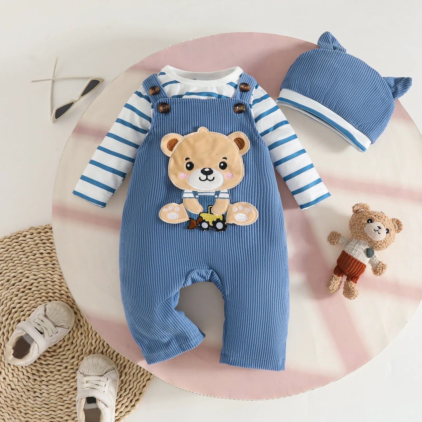 New Born Baby Clothes 0-18M Baby Boy Girls 3Pcs Outfit Sets Striped Cotton Bodysuit and Corduroy Cartoon Overalls Hat Daily Wear