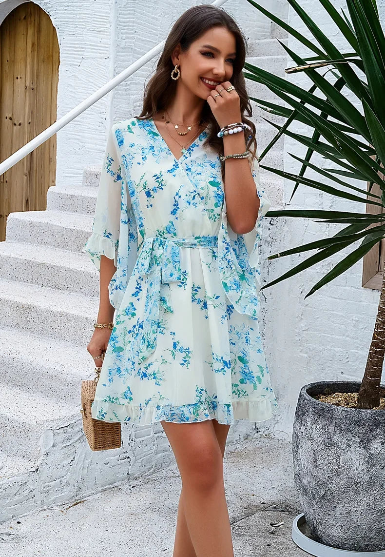 Women's clothing 2025 spring and summer new vacation casual printed lace-up chiffon dress