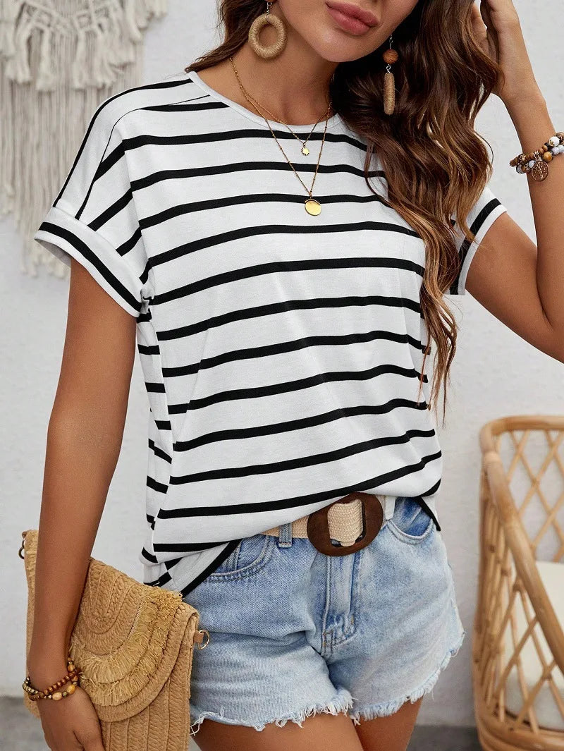 2024 New Women's Clothing Source: Round Neck Spliced Striped Short Sleeved Versatile Outerwear T-Shirt