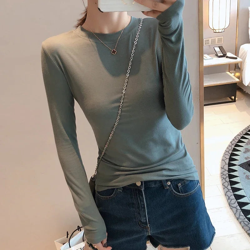 Women 2025 High Quality Plain T Shirt  Cotton Elastic Basic T-shirts Female Casual Tops Long Sleeve Sexy Thin T-shirt