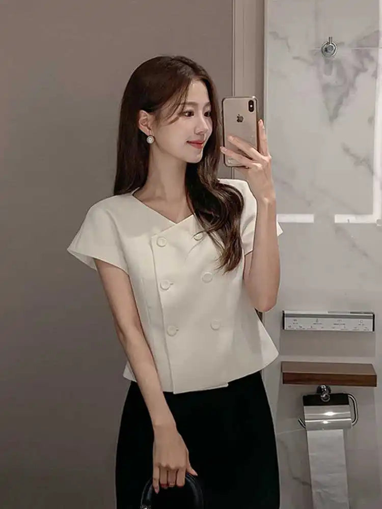 Clothland Women Stylish White Black Blouse Double Breasted Short Sleeve V Neck Shirt Office Wear Tops Mujer DA597
