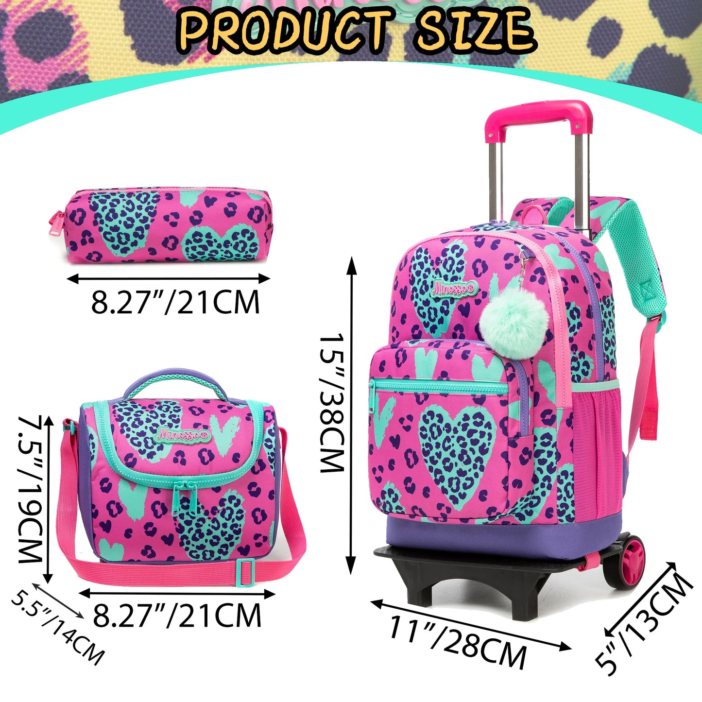 Cute Rolling Backpack for Girls Trolley School Bags Girls Backpacks with Wheels Kids Carry-on Travel Luggage Pink
