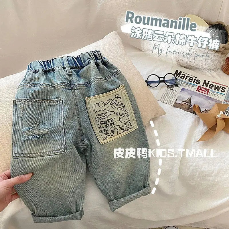 Boys Jean Pants Long Trousers Denim 2024 Blue Spring Autumn Baby's Kids Sport Teenagers Birthday Christmas Gift Children's Cloth