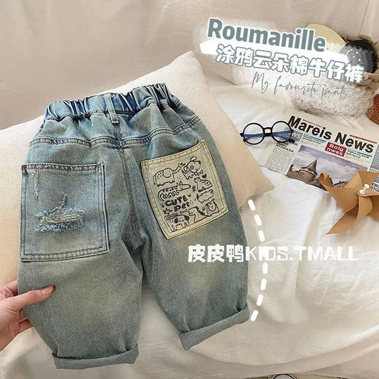 Boys Jean Pants Long Trousers Denim 2024 Blue Spring Autumn Baby's Kids Sport Teenagers Birthday Christmas Gift Children's Cloth