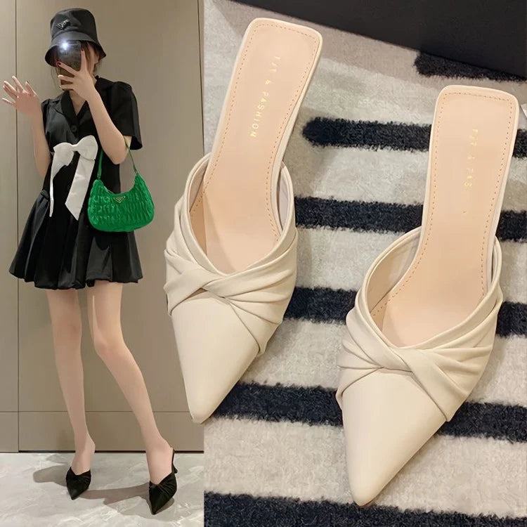 Women's Open-Toe Pointed Toe Slippers f Slippers Summer High Heel Thin Heel Outdoor Wear Korean Sle PU Material