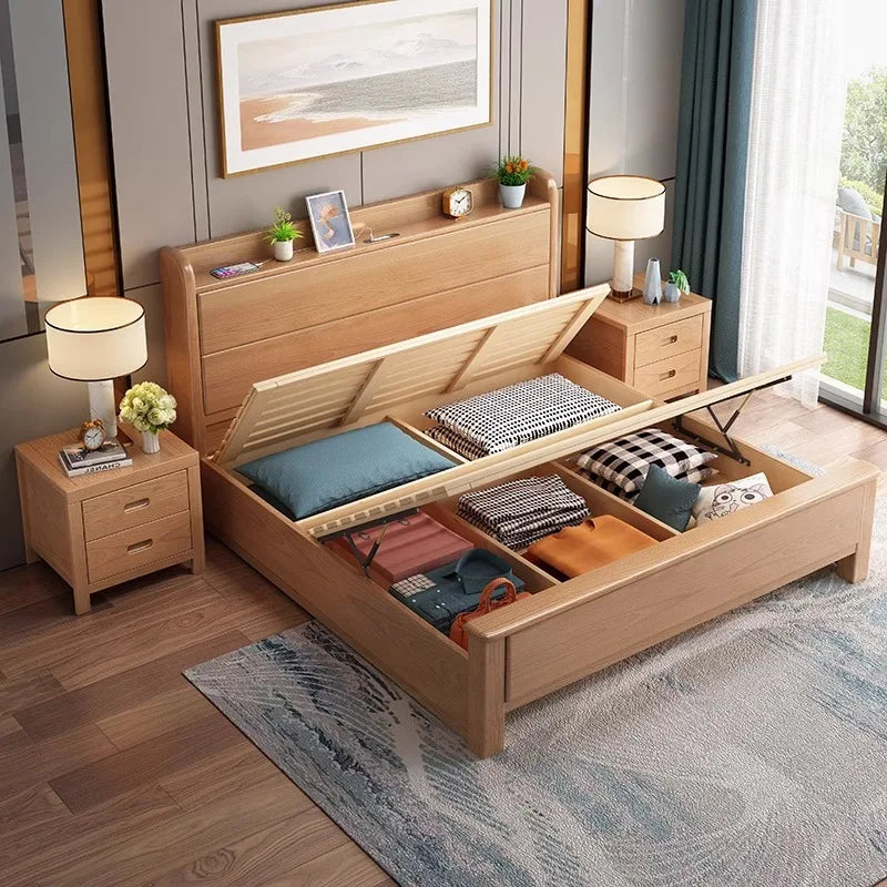 Nordic beech solid wood bed 1.8 meters master bedroom double bed modern simple 1.5 meters single log wind storage wedding bed