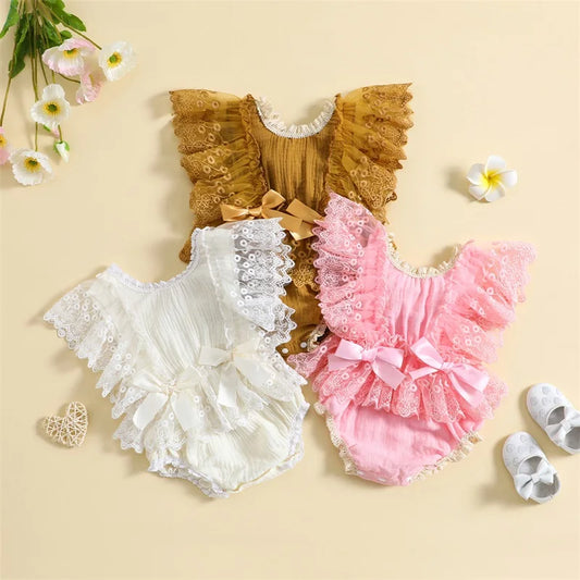 0-18Months Newborn Infant Baby Girl Floral Lace Bodysuits Summer Cute Bow Ruffles Flying Sleeves Rompers Clothes