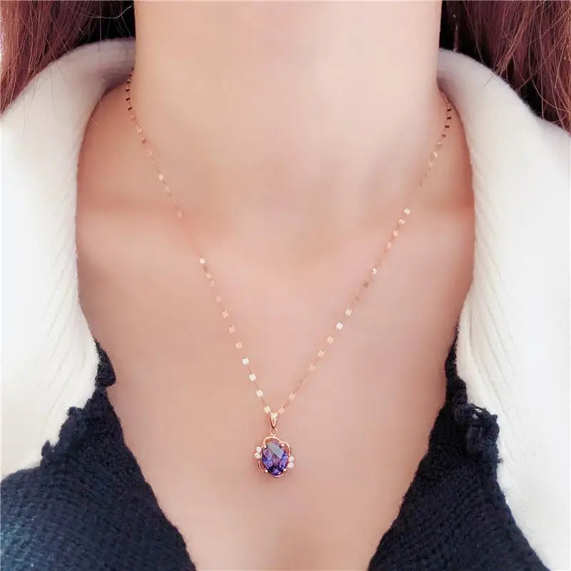 Women's Jewelry 585 Purple Gold Inlaid Sapphire Oval Crystal Chains Woman Exquisite Elegant Charm 14K Rose Gold Pendant