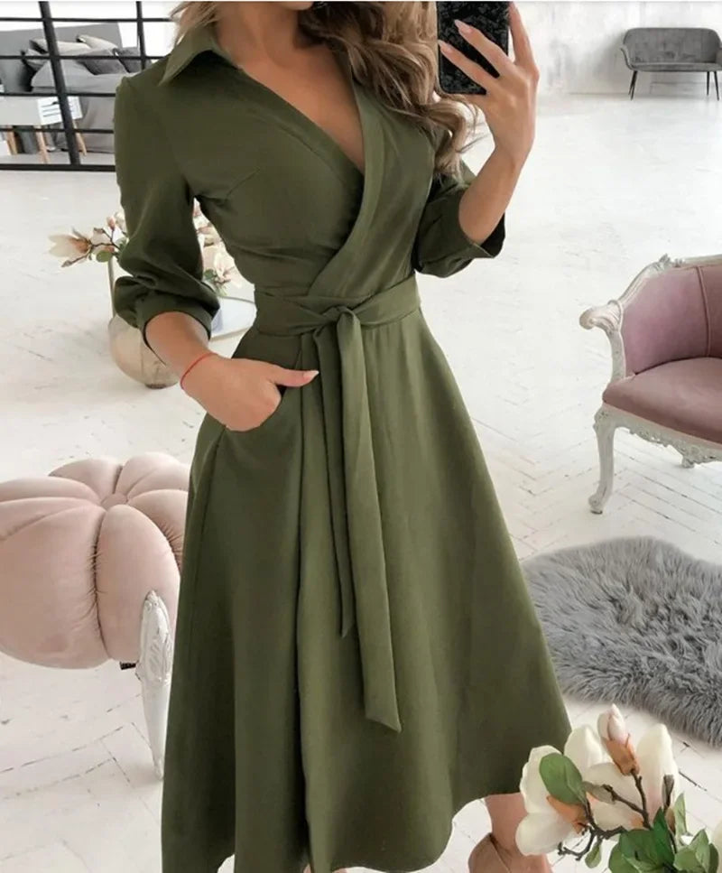 Women's Clothing Dress for Women Dress Spring Autumn Fashion Office Ruched Dress Long-sleeved V-neck Red Black Blue Bag Hip