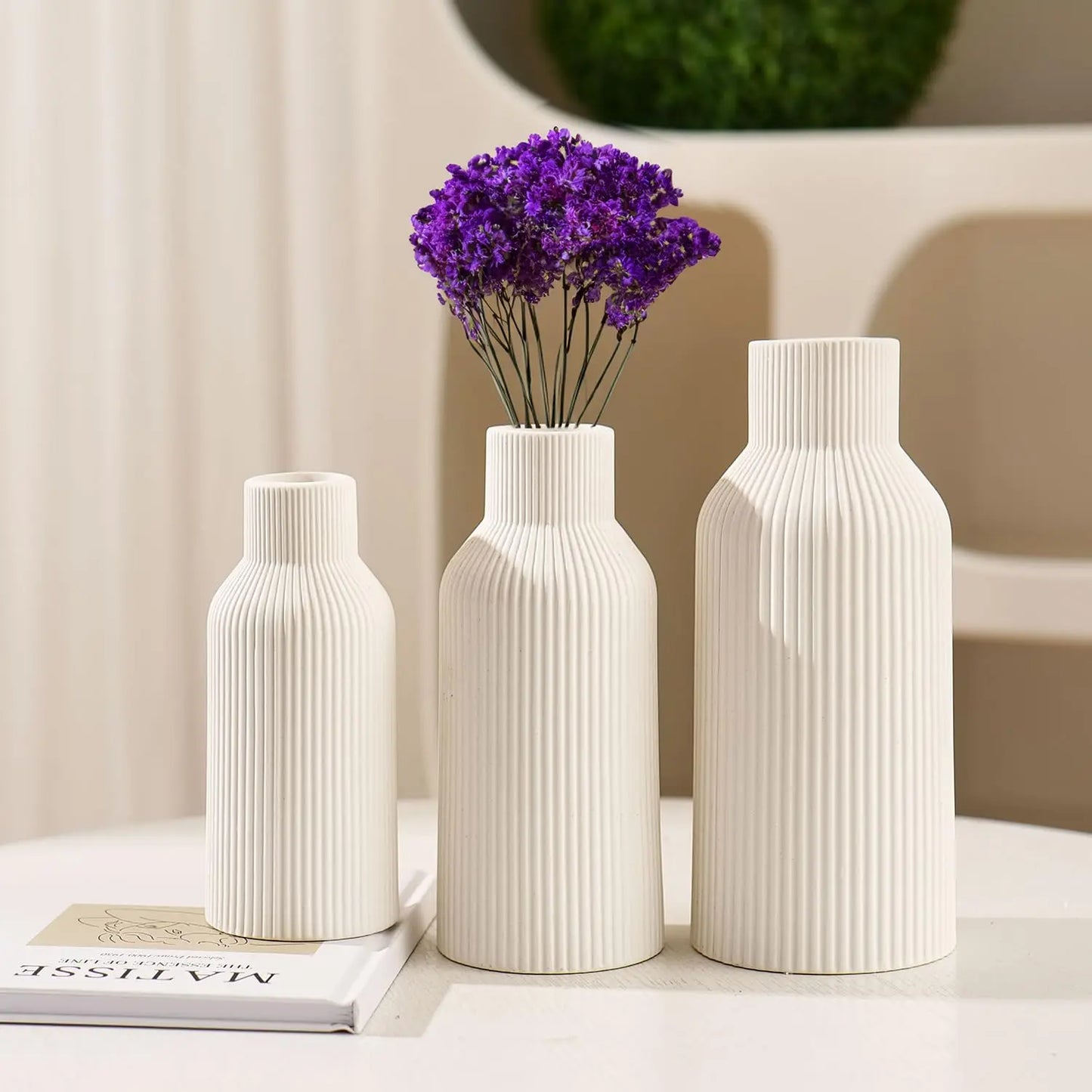 White Ceramic Vase Set of 3 White Flower Vase Minimalist Modern Home Vases Decor Aesthetic Flower Vases for Desk Shelf Table