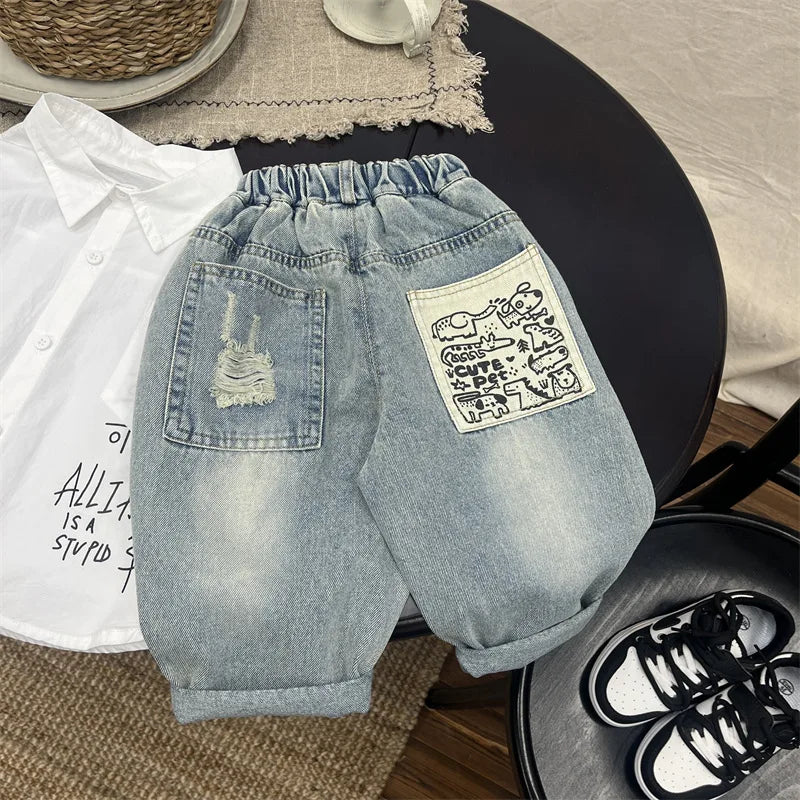 Boys Jean Pants Long Trousers Denim 2024 Blue Spring Autumn Baby's Kids Sport Teenagers Birthday Christmas Gift Children's Cloth