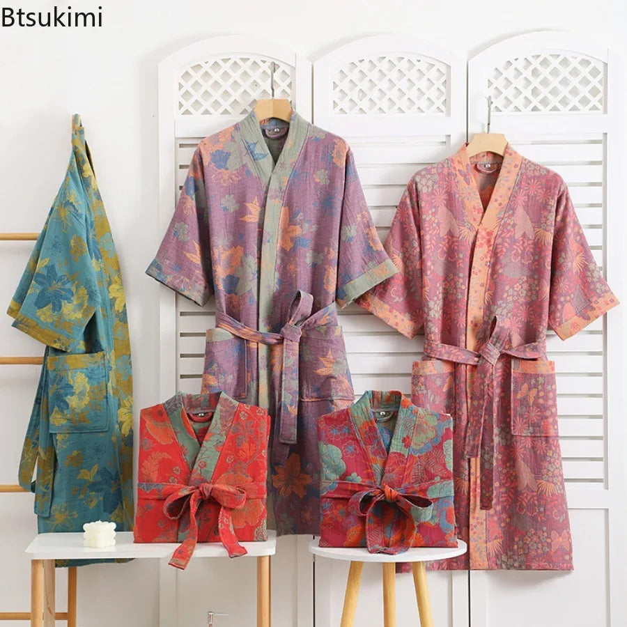 New 100% Cotton Lady's Bathroom Robe Printed Nightgown Style Pure Cotton Double-Layer Gauze Comfortable Dressing Gown for Women