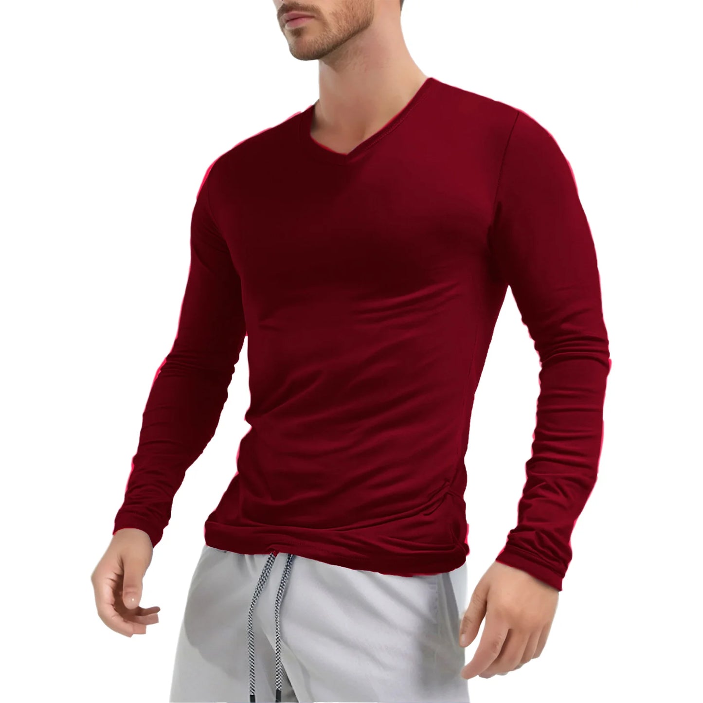 Men's Clothing Fashion V Neck Slim Fit T-shirt Tops Long Sleeve Slim Fit Undershirt Casual Solid Color Long Sleeve Tees Tops