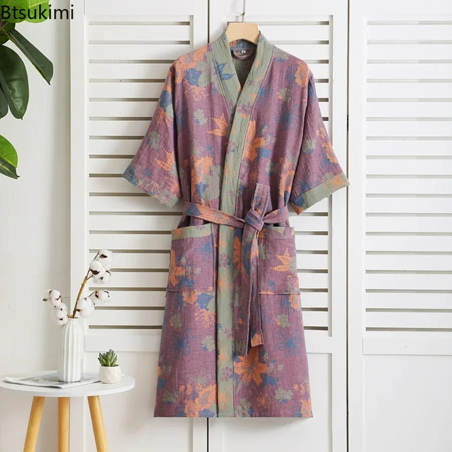 New 100% Cotton Lady's Bathroom Robe Printed Nightgown Style Pure Cotton Double-Layer Gauze Comfortable Dressing Gown for Women