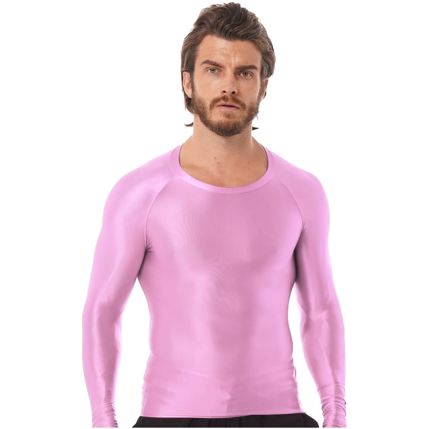 Men's Clothing Glossy O Neck Long Sleeve T-shirt Solid Color Slim Fit Breathable Shirt Tops Gym Jogging Yoga Sportwear