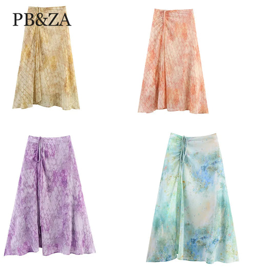 New women's clothing with European and American style fashion, simple, blended print, drawstring chiffon irregular skirt