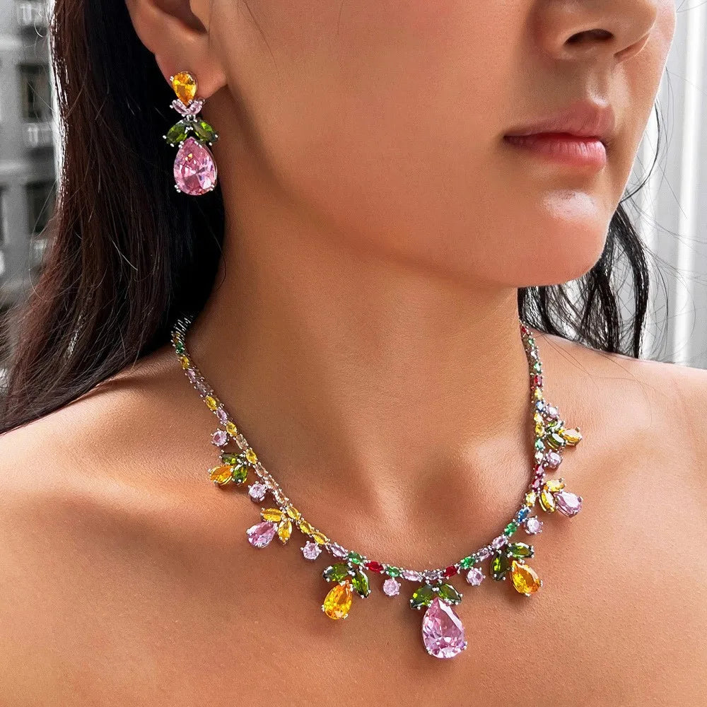 Women Rainbow Gemstone Necklace 18K Gold Plated Waterdrop Zirconia Earrings 2024